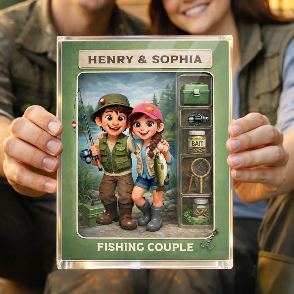 Personalized Rectangle Acrylic Block Plaque Fishing Couple Cartoon Keepsake for Lake-Loving Partners, Unique Creative Gift
