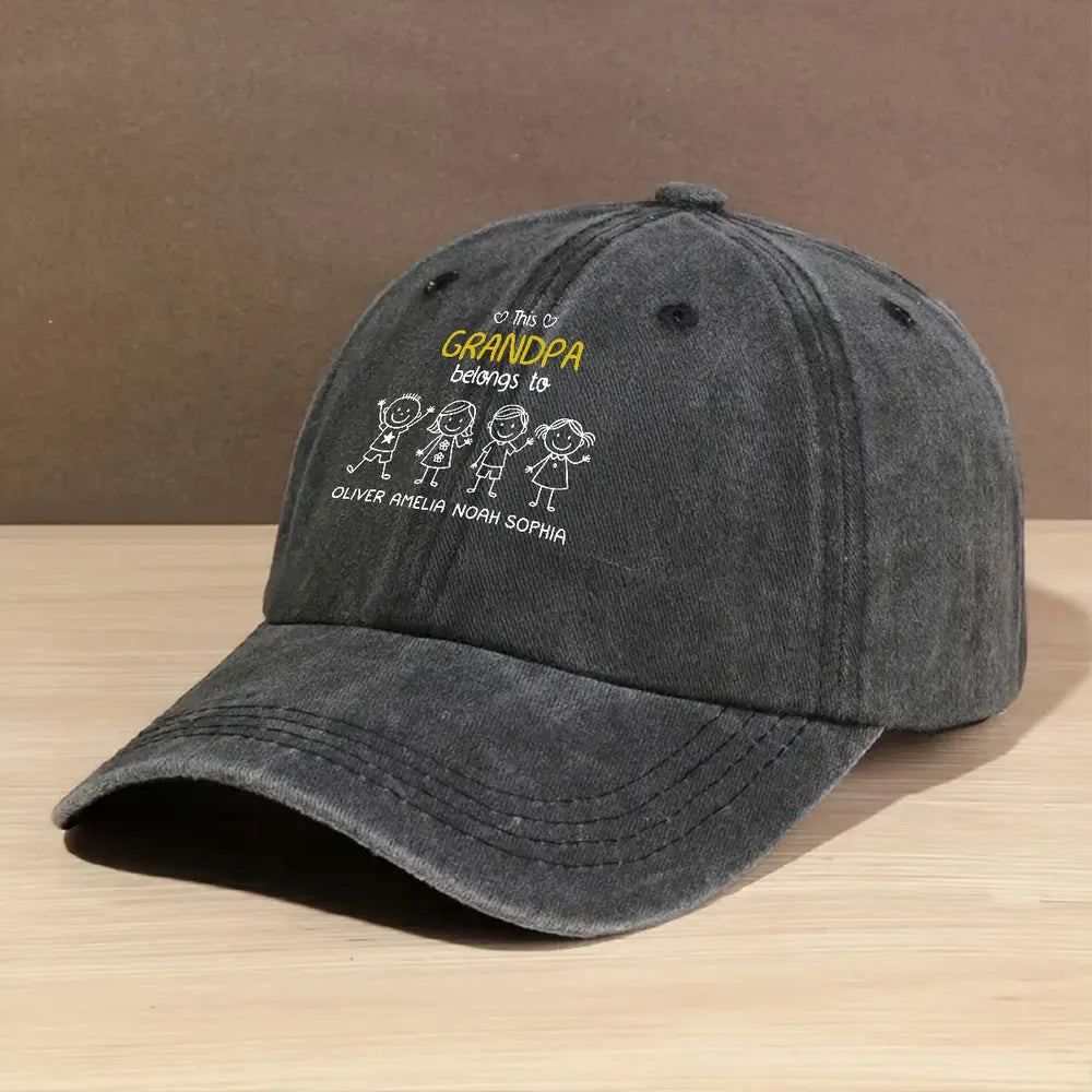 Washed Denim Baseball Cap with Stick-Figure Grandkids Art, Vintage Adjustable, Breathable - a Unique Gift for Grandpa