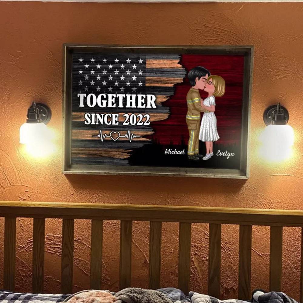Hero Couple Kissing Half Flag Gifts by Occupation Firefighter, Nurse, Police Officer - Personalized Horizontal Poster or Canvas or Plaque or Pillow or Wallet or Wallet Card or Cap or Cup