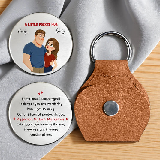 Personalized Pocket Hug Token for Couples, Cute Cartoon Hugging Couple Love Quote, Unique Romantic Gift Keepsake