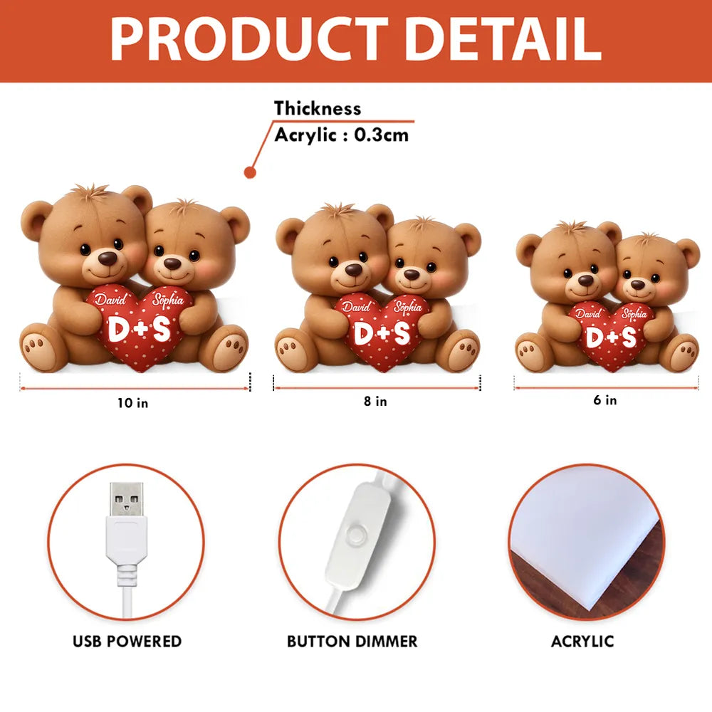 Personalized Acrylic Light Box Cute Bear Couple Holding a Heart Bedroom Lamp with Warm Glow Unique Gift for Couples