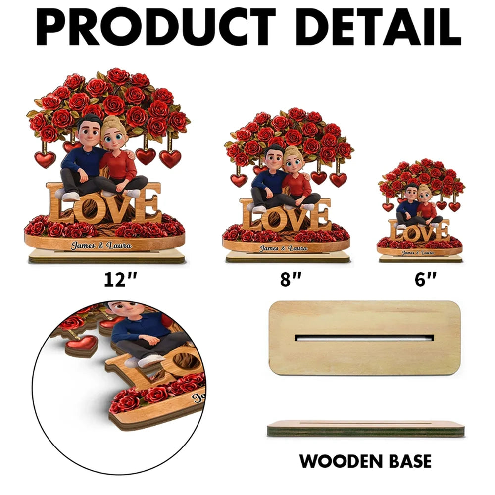 Personalized 2-Layer Wooden Plaque Couple on LOVE Bench with Rose Tree and Hearts, Unique Valentine's Day Gift