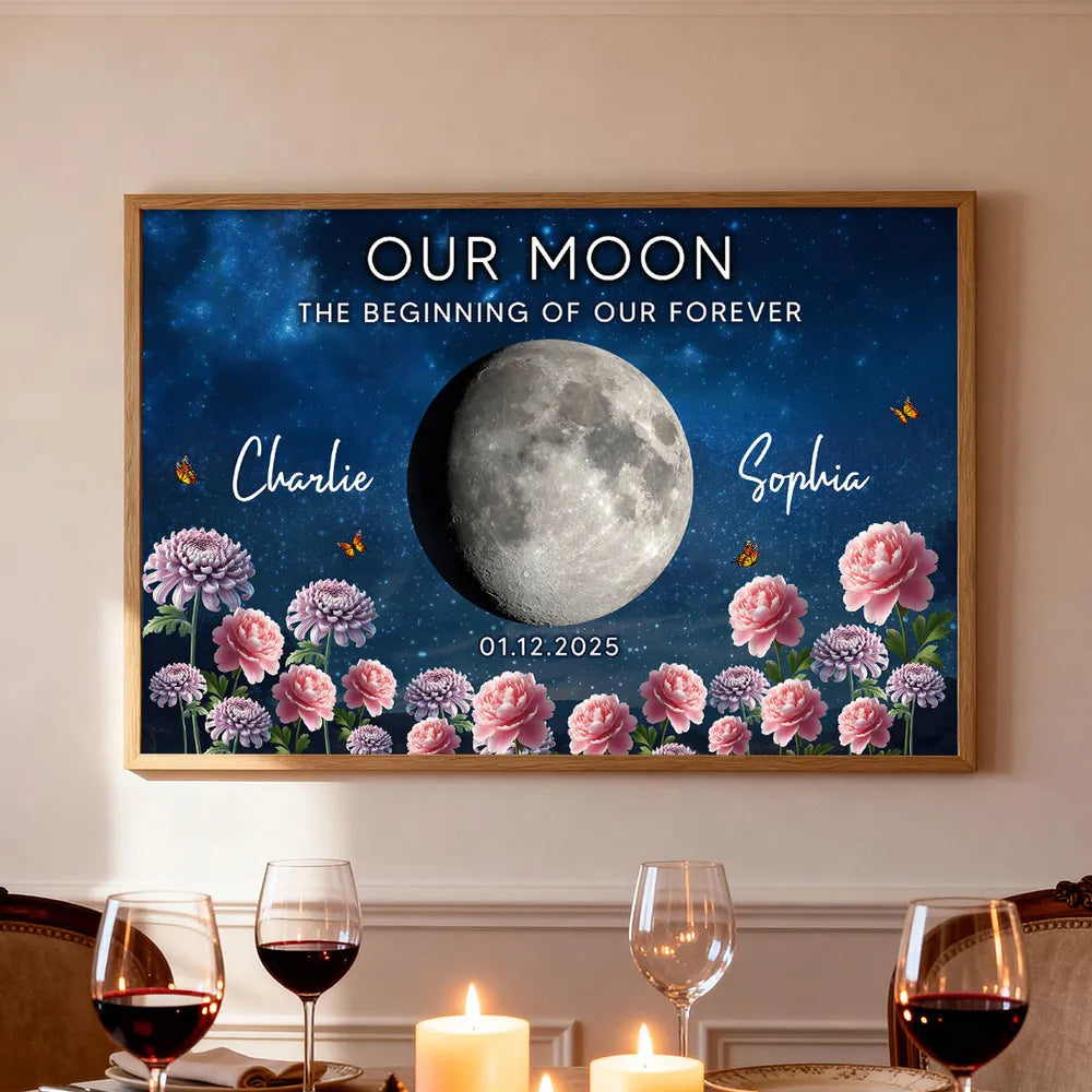 Personalized Our Moon Starry Sky Floral Poster, Custom Couple Keepsake Wall Art, Unique Romantic Gift
