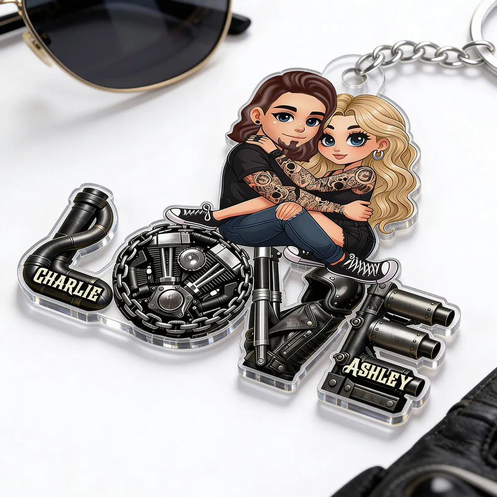 Personalized Biker Couple Acrylic Keychain Cute Cartoon Hugging Riders Cool Accessory Unique Gift for Him or Her