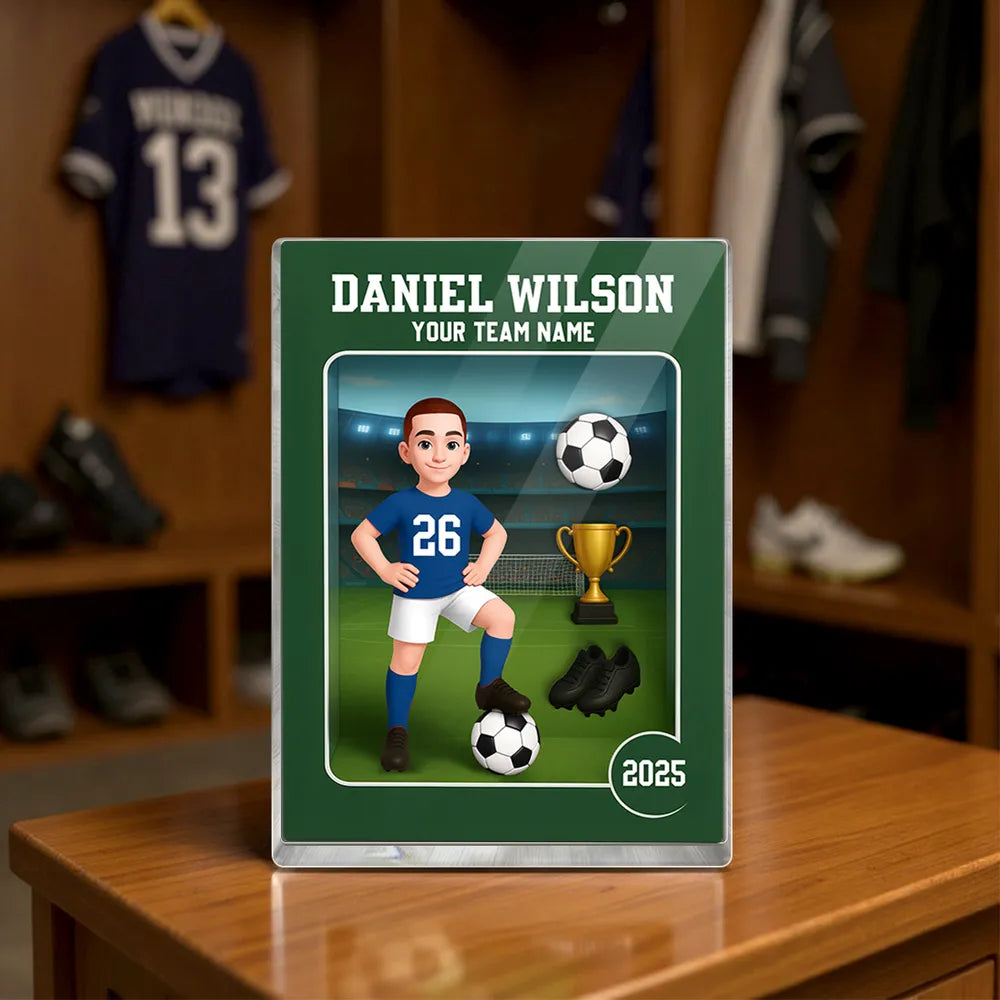 Acrylic Block Plaque - Customizable Soccer Keepsake, stadium design, player with ball - Creative Gift for Kids & Teams