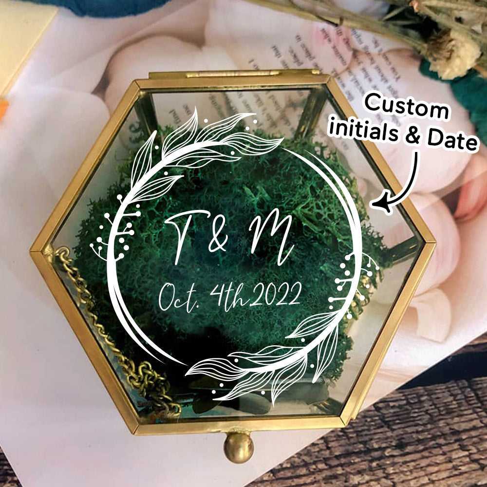 Custom Text - Personalized Initials and Date Hexagon Glass Ring Box