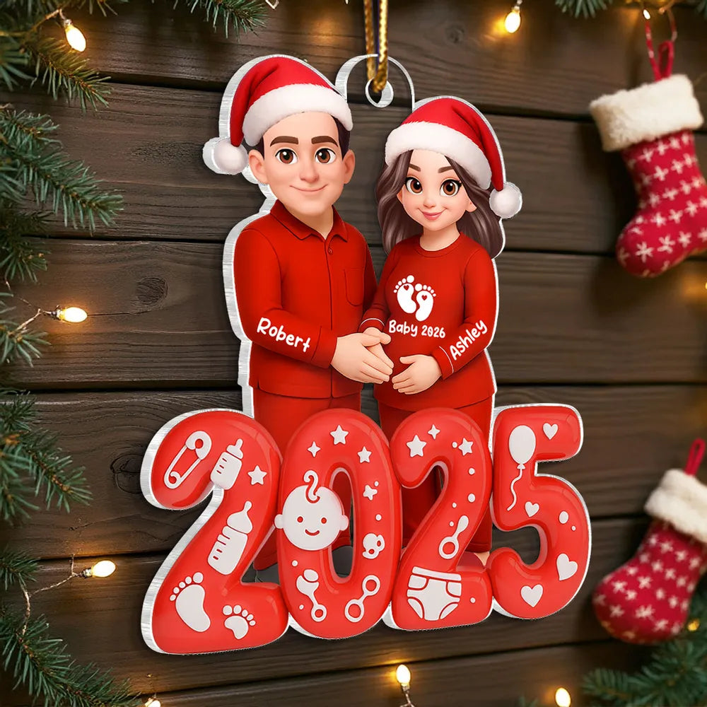Acrylic Ornament for Expecting Parents - Personalized Santa-Hat Couple, Cozy Tree Keepsake, a unique gift for Mom-to-Be & Dad