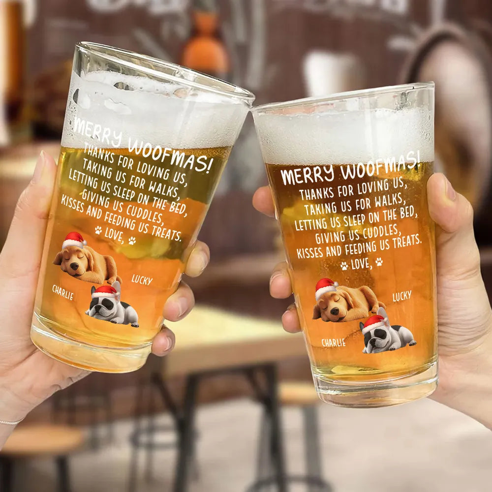 Beer Glass for Dog Lovers - Sleeping Puppy Santa Design, Christmas Message, a unique personalized gift for the home bar