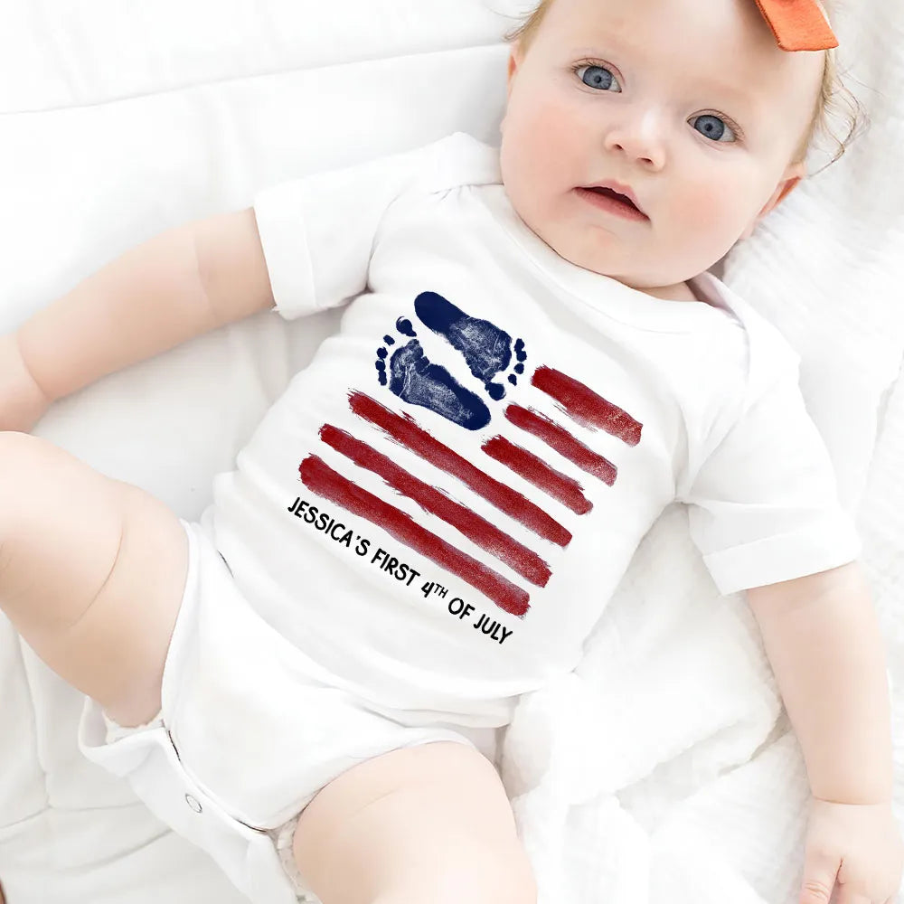 Short Sleeve Baby Onesie with Baby Footprints American Flag - Personalized Keepsake Outfit, Sweet Gift for New Parents