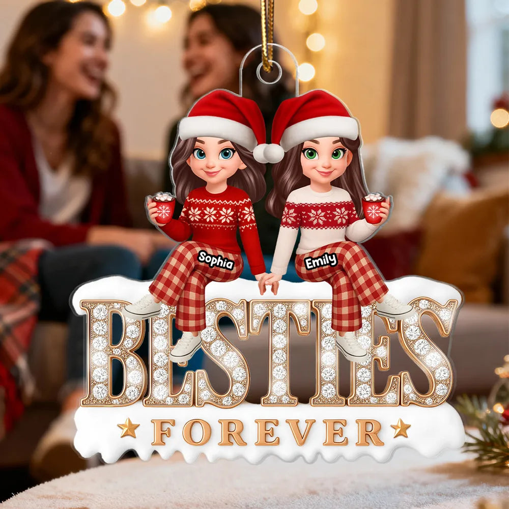 Acrylic Ornament - Besties Forever, cute cartoon friends in Santa hats holding hands, cozy tree decor, unique gift for best friend