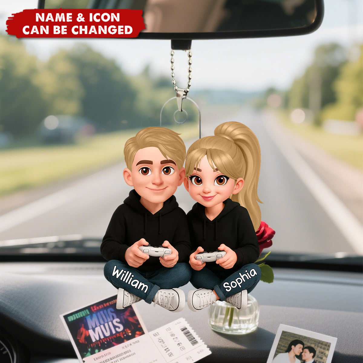 Personalized Acrylic Car Hanger Cute Gamer Couple Cartoon Car Mirror Decor Unique Gift for Couples, Sweet Daily Reminder