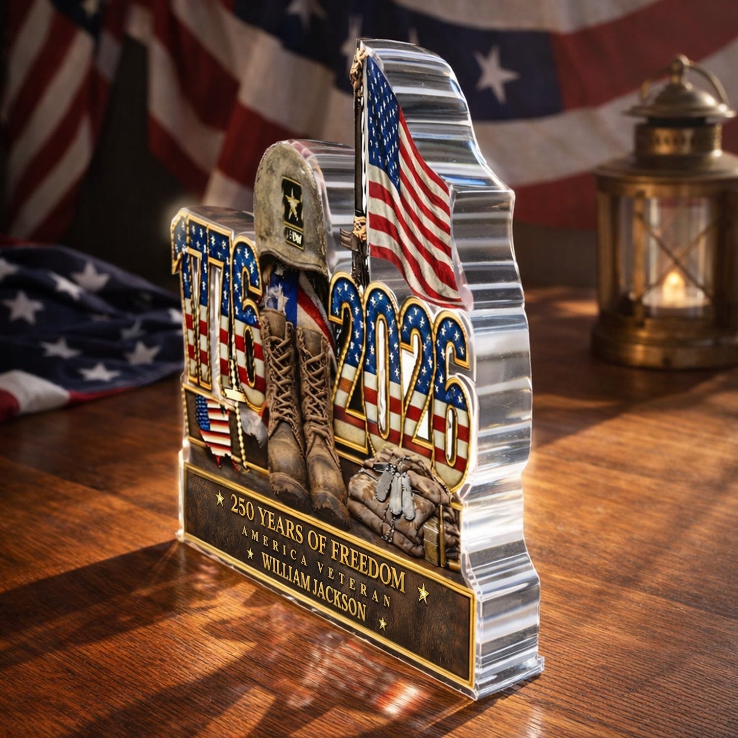 Personalized Shaped Acrylic Block Plaque with Patriotic US Army Boots & Flag Desk Decor, Unique Veteran Gift