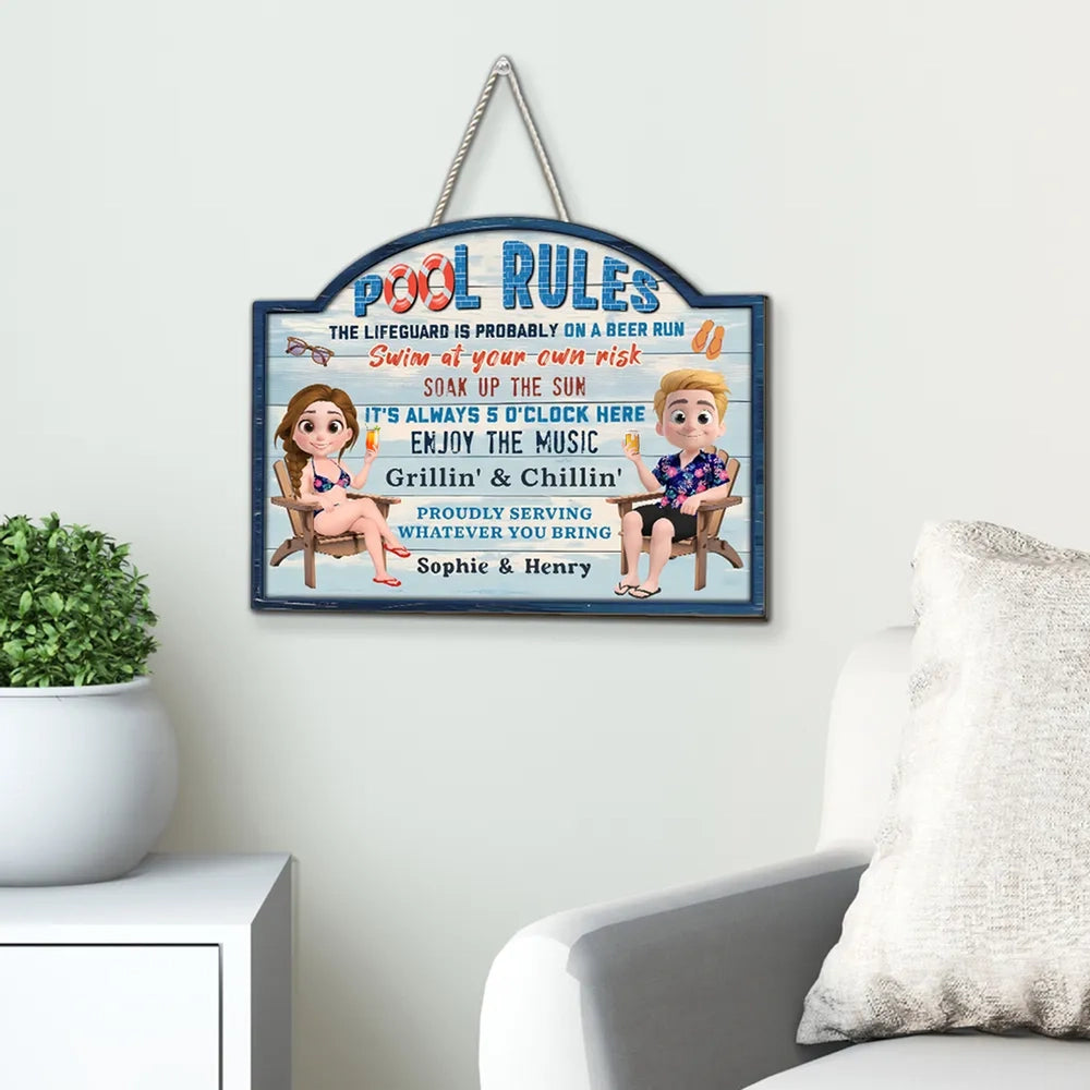 Poolside Grillin' & Chillin' Personalized Wooden Sign, Beachy Funny Backyard Decor, Unique Gift For Couples