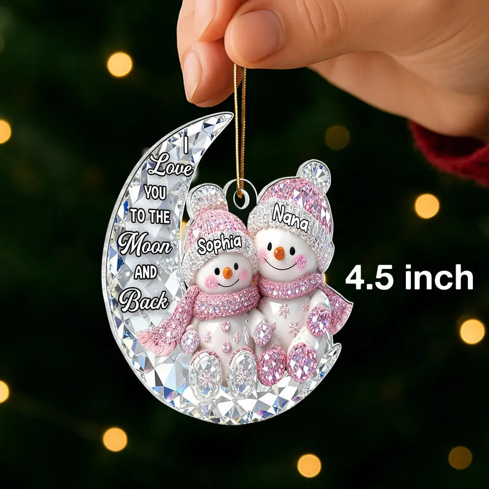 Personalized Acrylic Ornament for Grandma & Grandkid on Moon – Sparkling Snowman Design, I Love You to the Moon and Back, Unique Christmas Gift