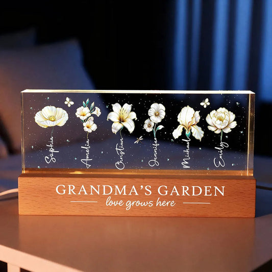 Grandma's Garden Block LED Light Plaque with Birth Month Flowers, Warm Glow Decor, Personalized Unique Gift for Grandma