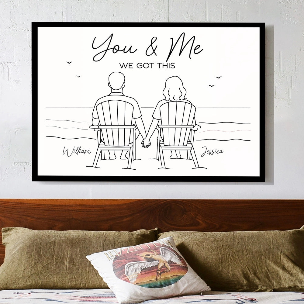 Custom Line Art Beach Poster – Holding Hands Couple Illustration, Add Names, Perfect Anniversary or Valentine’s Gift