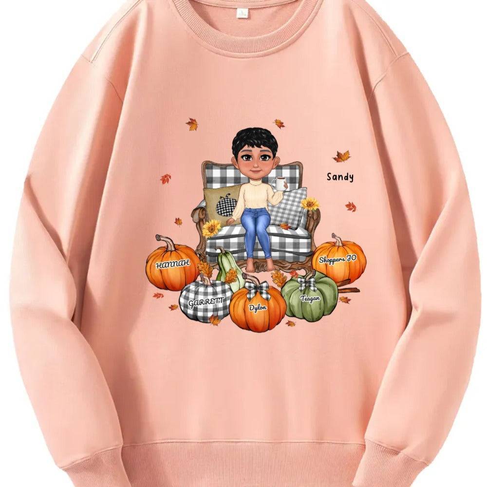 Grandma Sitting On Chair Kids Pumpkins Personalized T-Shirt/Sweatshirt/Hoodie
