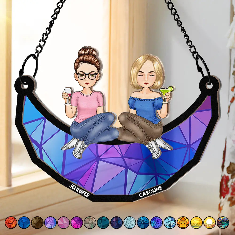 Personalized Best Friends Sitting on a Crescent Moon Wood and Acrylic Layered Ornament, Vibrant Window Display, Unique Gift
