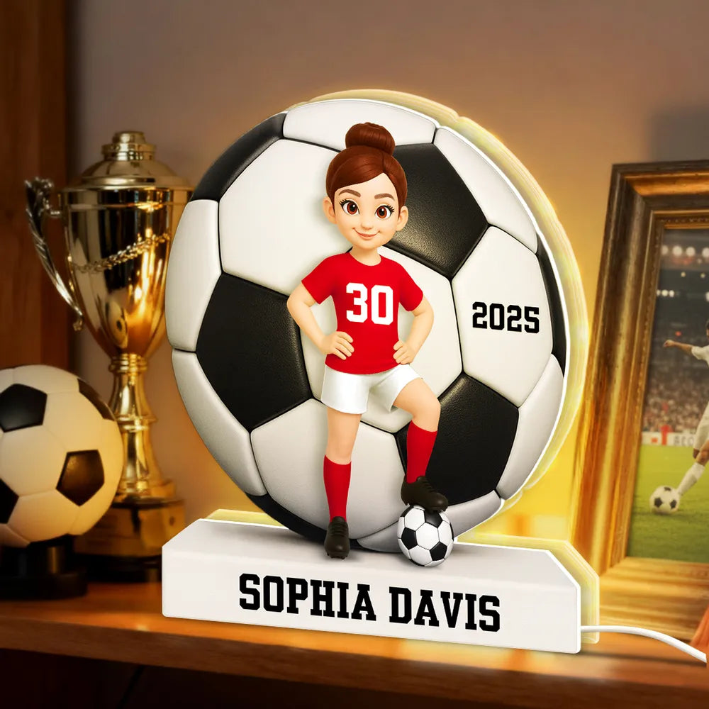 Personalized Acrylic Light Box Soccer Girl Lamp with Custom Player Design, Soft Warm Glow Bedroom Décor, Unique Gift for Young Athletes