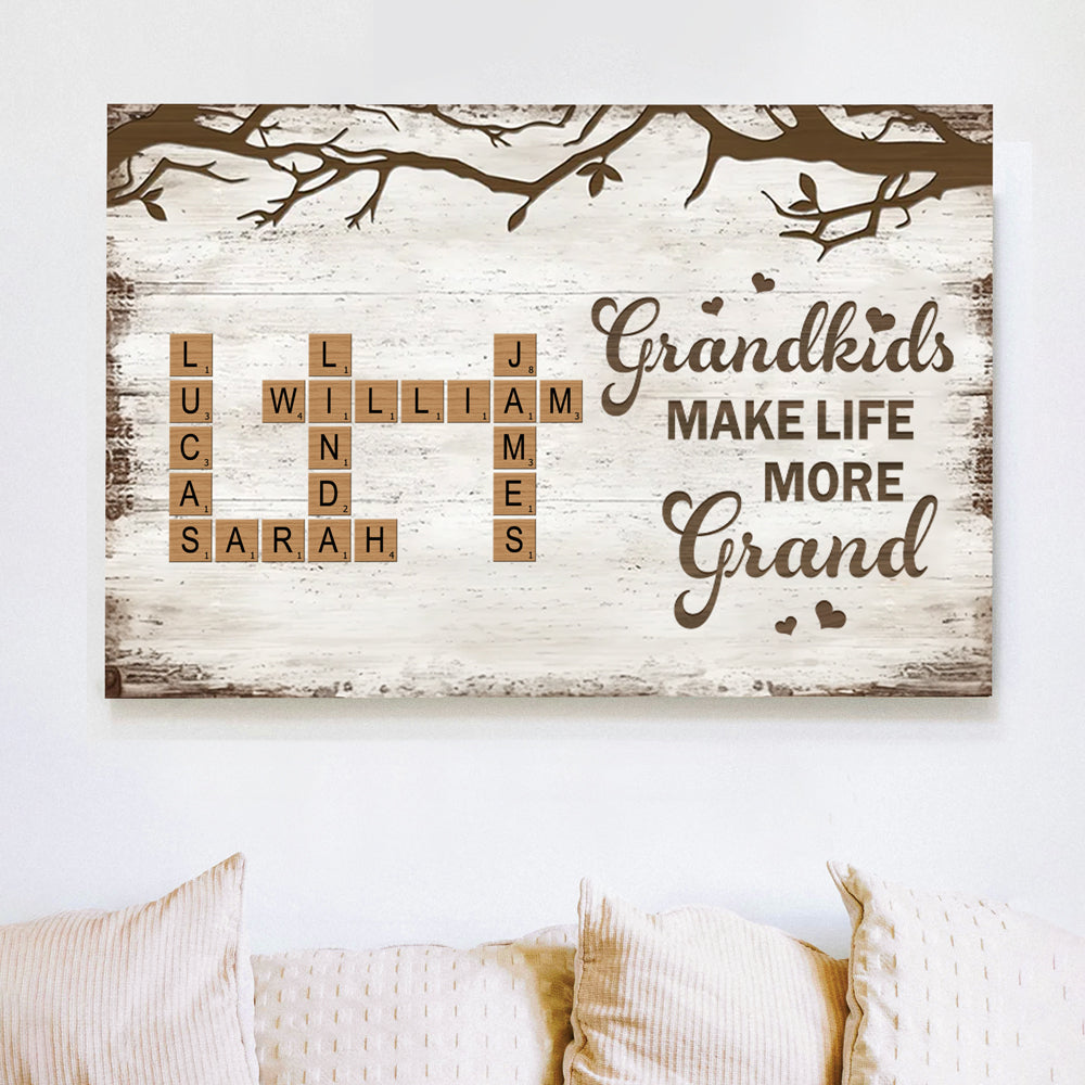 Personalized Family Poster – Grandkids Make Life More Grand – Custom Scrabble-Inspired Poster with Family Names