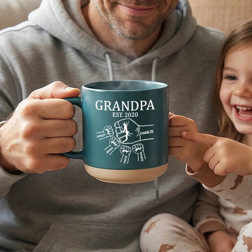 Personalized Pottery Mug with Grandpa Fist Bump Design, Cozy Coffee Moment, Unique Gift for Grandpa