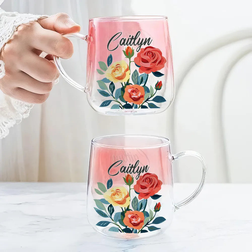 Pink Ombre Gradient Glass Mug With Colorful Flowers And Custom Name, Everyday Coffee And Tea Cup, Thoughtful Gift