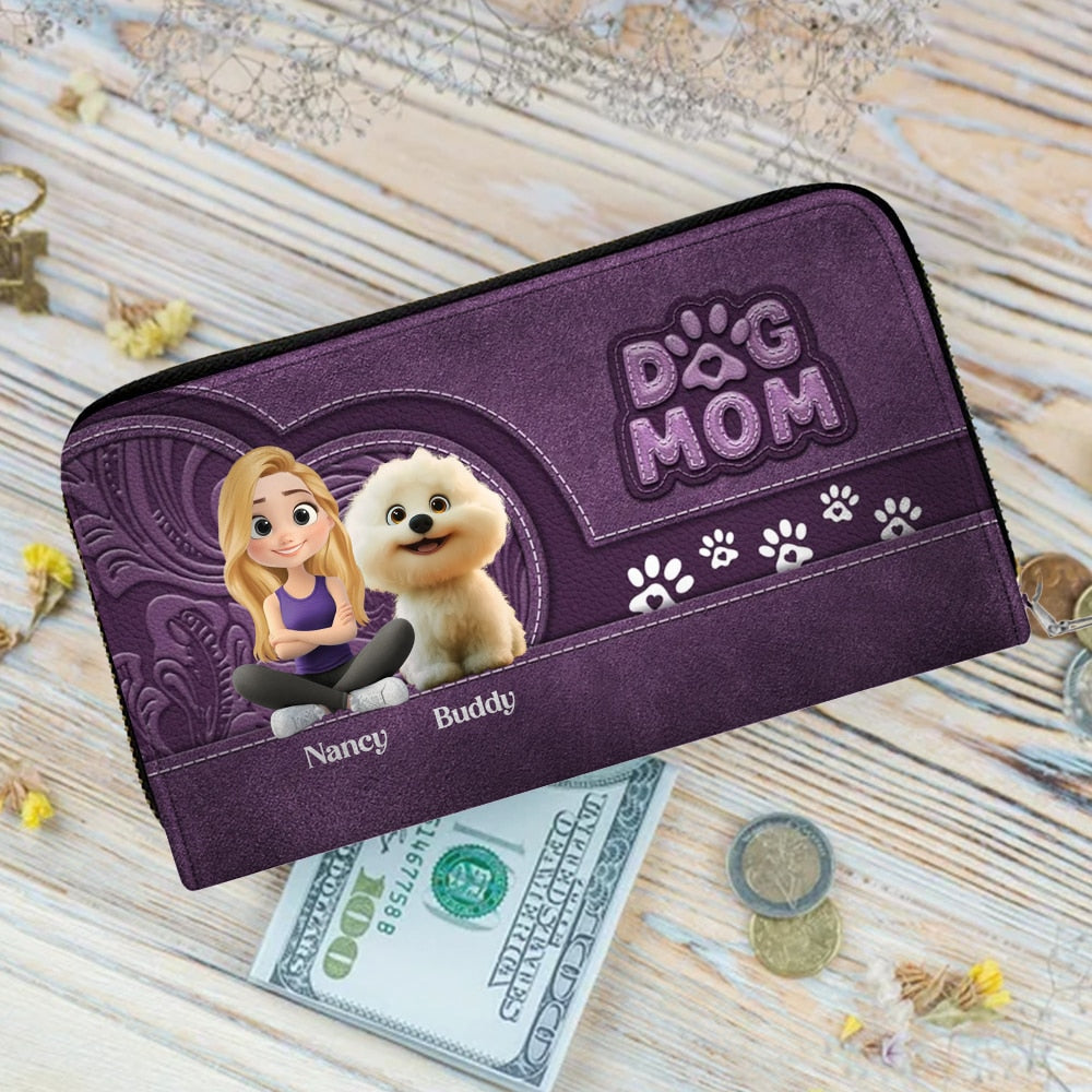 Custom Leather Long Wallet for Dog Moms – Adorable Pet Illustration with Name Personalization