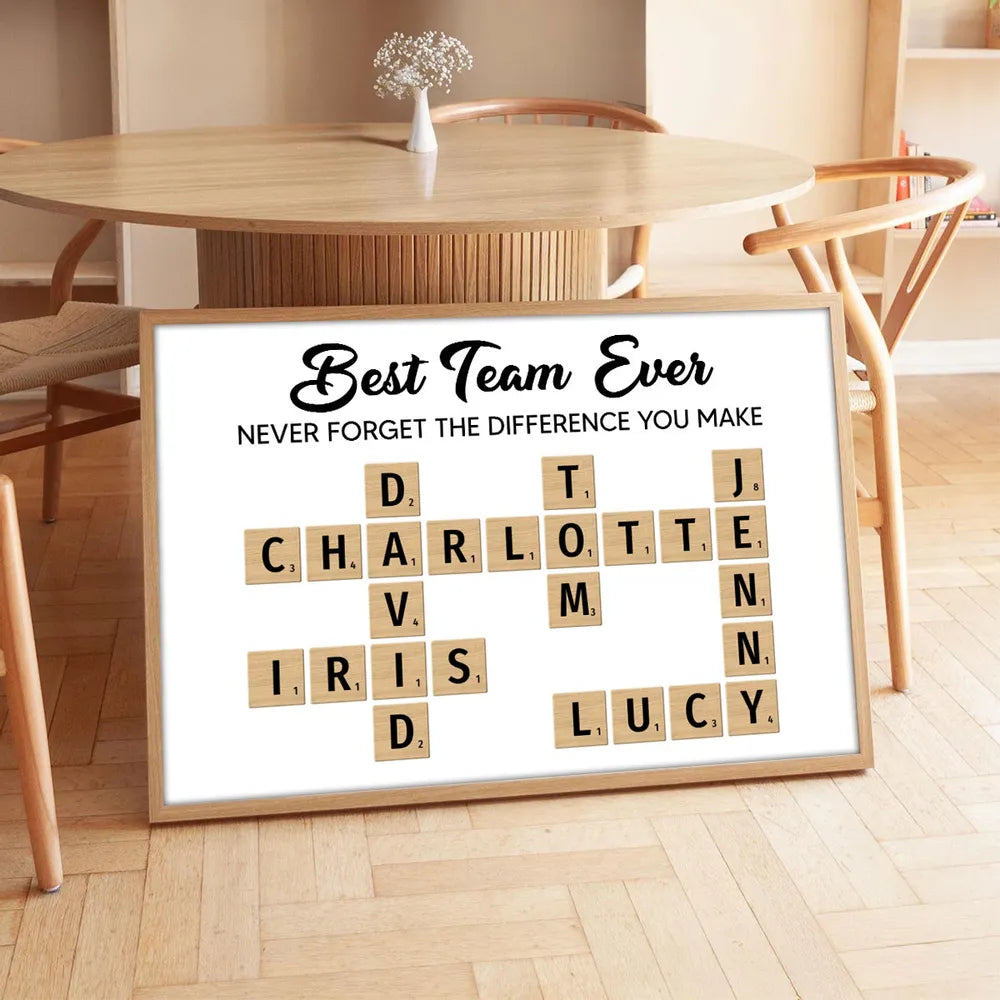 Best Team Ever Personalized Poster with Crossword Tile Art, Office Wall Decor, Meaningful Thank You Gift for Coworkers & Boss