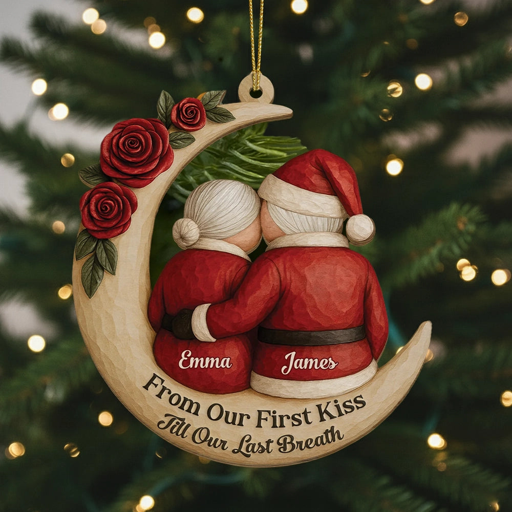 Wooden Ornament, crescent with roses and hugging Santa couple, cozy Christmas decor, creative gift for wife & husband