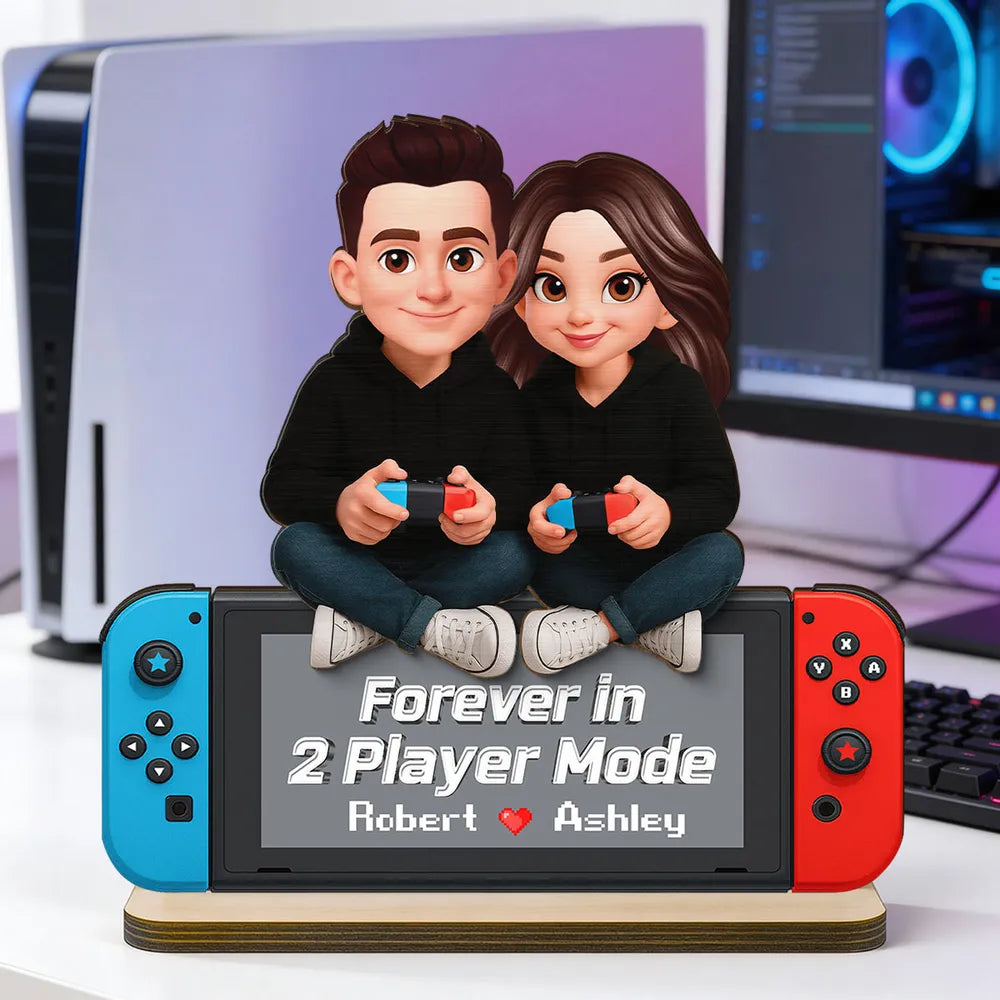 2-Layer Wooden Plaque Personalized Gaming Couple Sitting with Controllers - Forever in 2 Player Mode Romantic Gift for Gamers