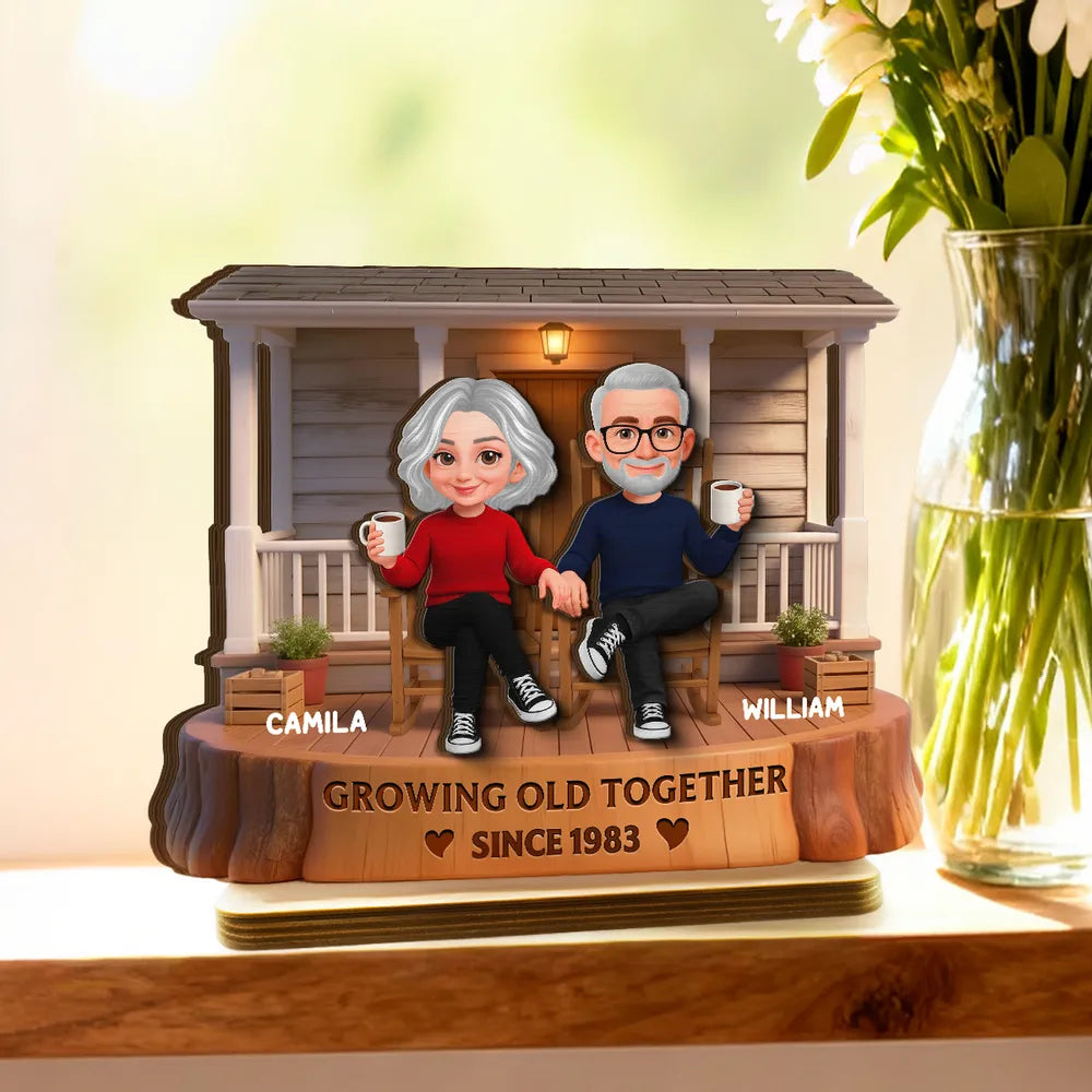 Personalized 2-Layer Wooden Plaque, Couple Holding Hands on a Cozy Front Porch, Growing Old Together, Unique Gift for Him & Her