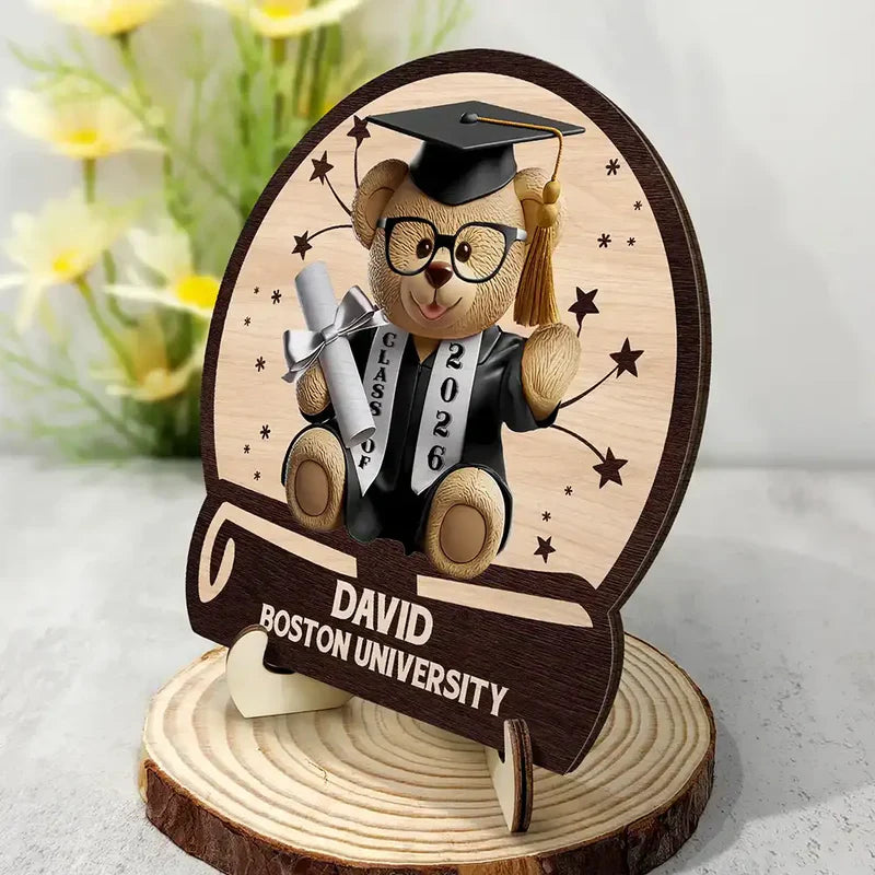 Custom Graduation Bear 2-Layer Wooden Plaque for Nursery or Living Room Display, Sweet Congrats Keepsake, Thoughtful Gift