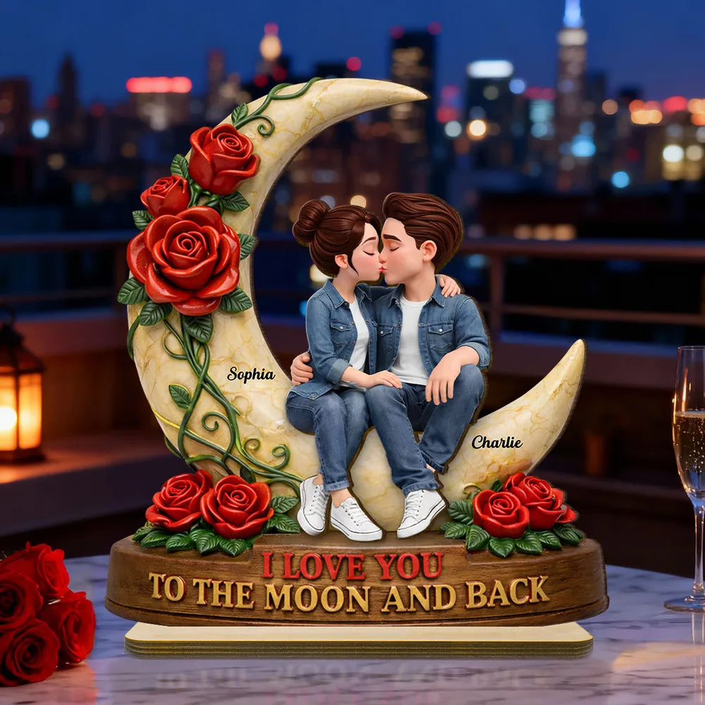 Personalized 2-Layer Wooden Plaque Kissing Couple on Crescent Moon Romantic Unique Gift for Wife or Girlfriend