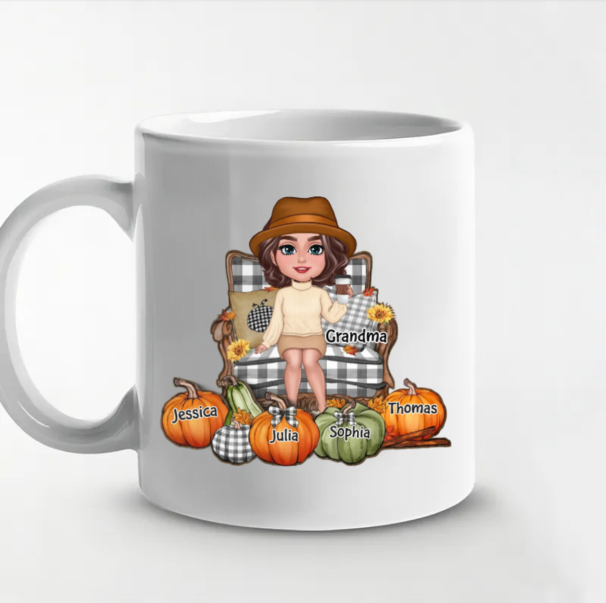 "Personalized Grandma's Autumn Pumpkin Plaque, Poster, Keychain, Ornament, Pillow & Blanket and Cup - A Heartwarming Gift for Loved Ones"