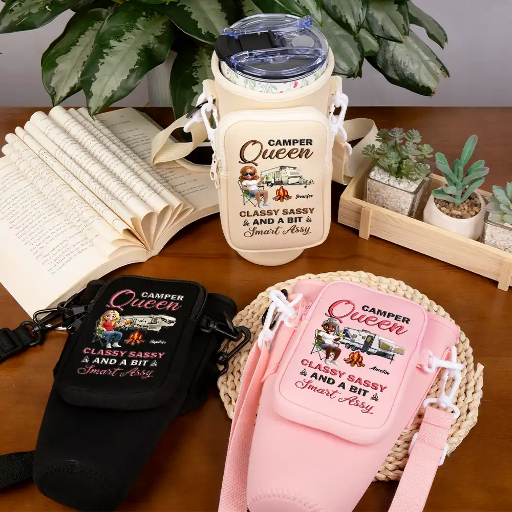 Water Bottle Carrier Bag – CAMPER Queen, “Classy Sassy and a Bit Smart Assy” Gift for Self, Girlfriend, or Daughter