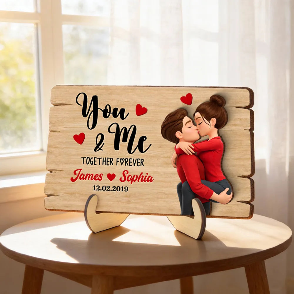 Personalized You & Me 2-Layer Wooden Plaque for Couple, Kissing Hug Design, Sweet Heart Gift for Him or Her
