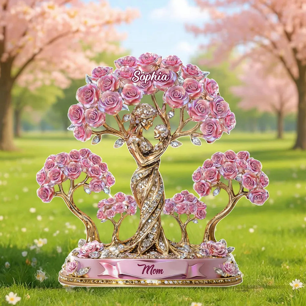 Personalized Shaped Acrylic Block Plaque with Mom and Child Under Rose Trees, Unique Heartfelt Gift for Mom
