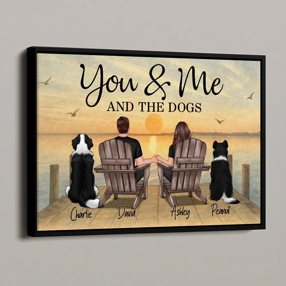 "You & Me and the Dogs – Customizable Couple Poster with Pets, Personalized Beach Scene"