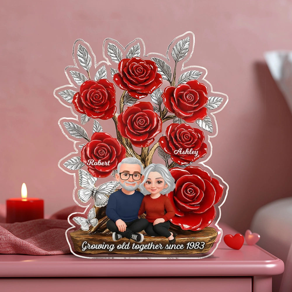 Personalized Shaped Acrylic Block Plaque with Red Rose Tree Couple Sitting Together, Unique Romantic Gift