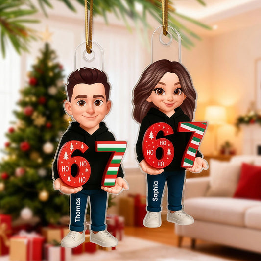 Personalized Acrylic Ornament with Cute Cartoon Teen Holding 67 Numbers – Trending Slang Christmas Ornament, Fun Gift for Kids and Grandkids