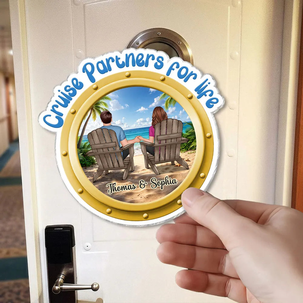 Personalized Cruise Partners for Life Acrylic Magnet, Back View Couple Sitting on a Beach Porthole, Unique Gift for Couples