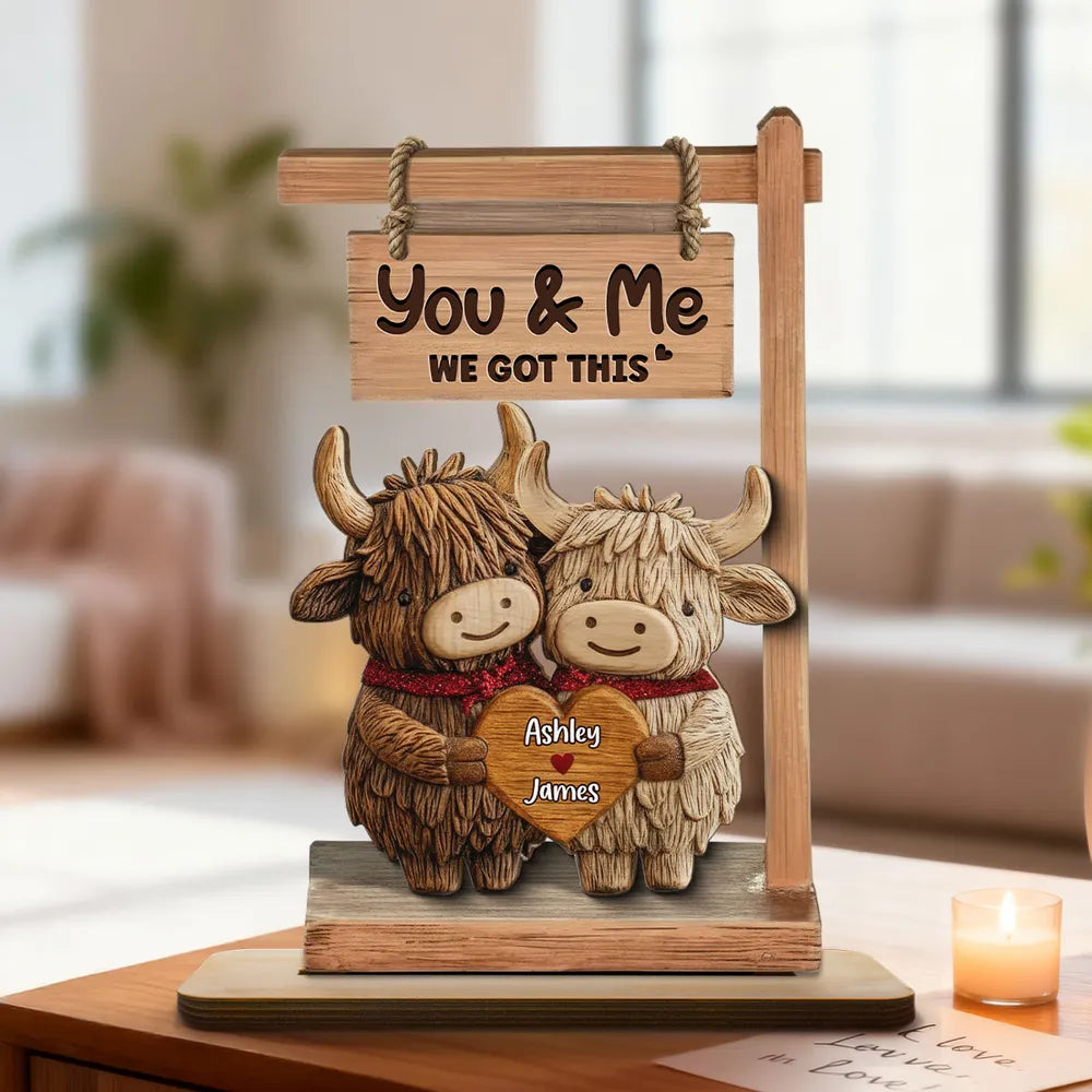 You & Me We Got This 2-Layer Wooden Plaque, Personalized Heart Name Sign with Adorable Cows, Unique Romantic Gift for Couples
