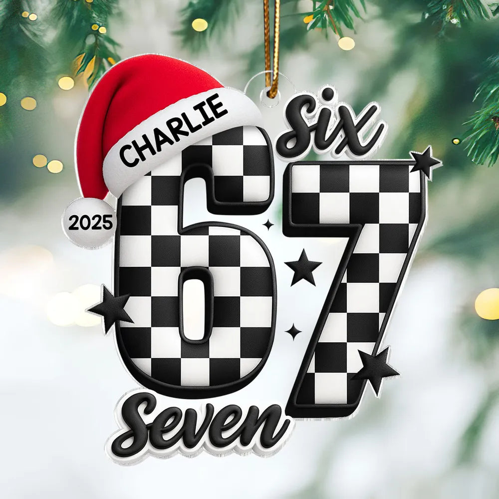Personalized Acrylic Ornament with Checkered 67 and Santa Hat – Custom Kids Christmas Decor and Unique Holiday Gift