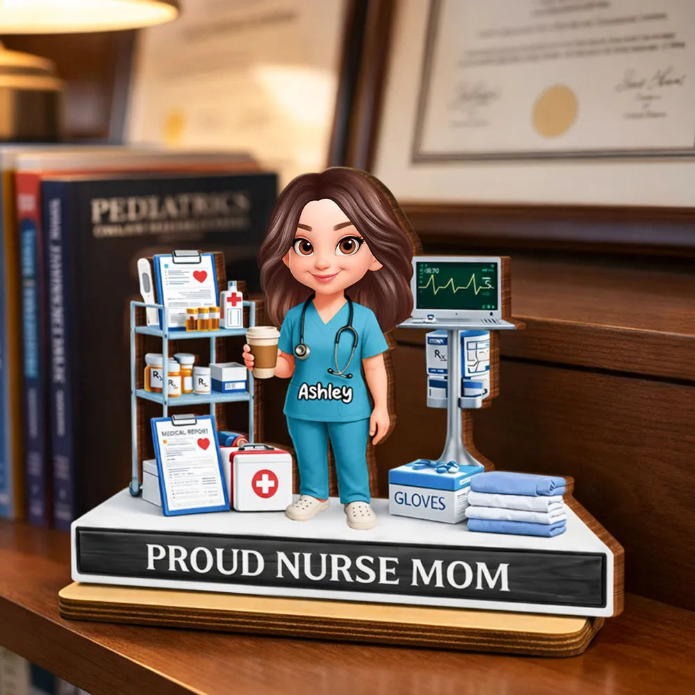 Personalized Proud Nurse Mom 2-Layer Wooden Plaque, Cartoon Nurse in Hospital Scene, Unique Gift for Mom