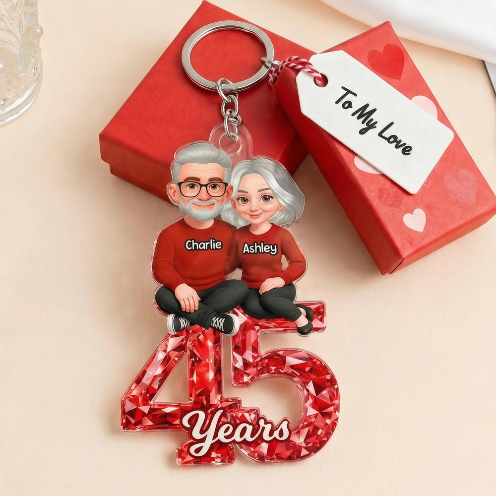 Personalized Anniversary Acrylic Keychain With Couple Illustration Red Gem Look A Unique Gift For Husband Or Wife