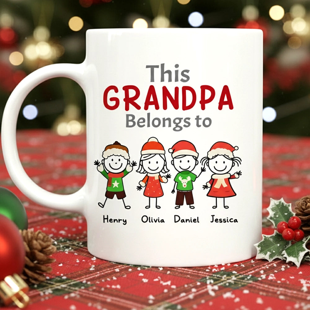 Custom “This Grandpa Belongs To” Mug – Holiday Stick-Figure Art, Unique Personalized Gift for Grandpa