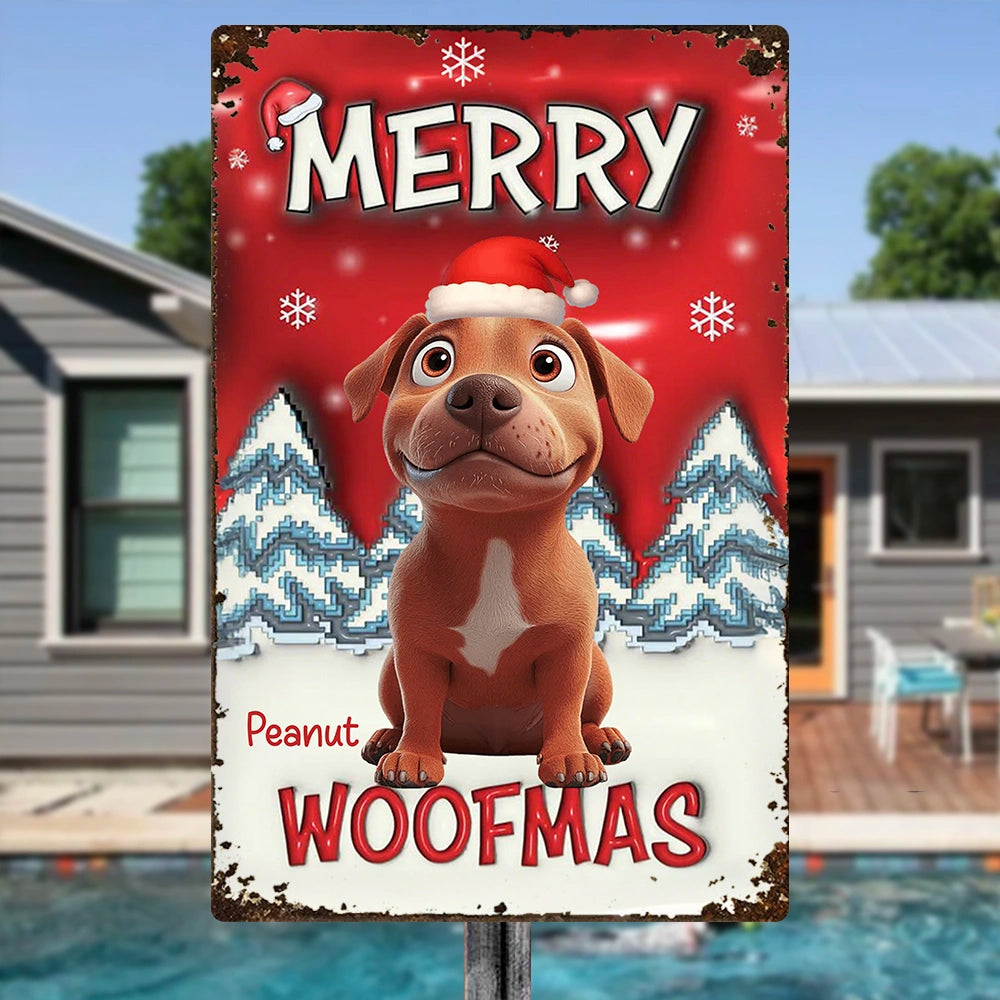 Custom Dog Rectangular Iron Sign Merry Woofmas – Playful Santa Hat Pup in Snowy Christmas Yard, Heartwarming Personalized Holiday Gift