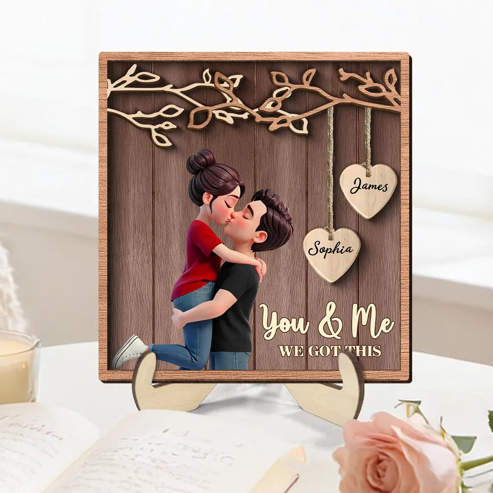2-Layer Wooden Plaque Personalized for Couples, Romantic Hug and Kiss Under Hanging Hearts, Sweet Keepsake Gift for Him or Her