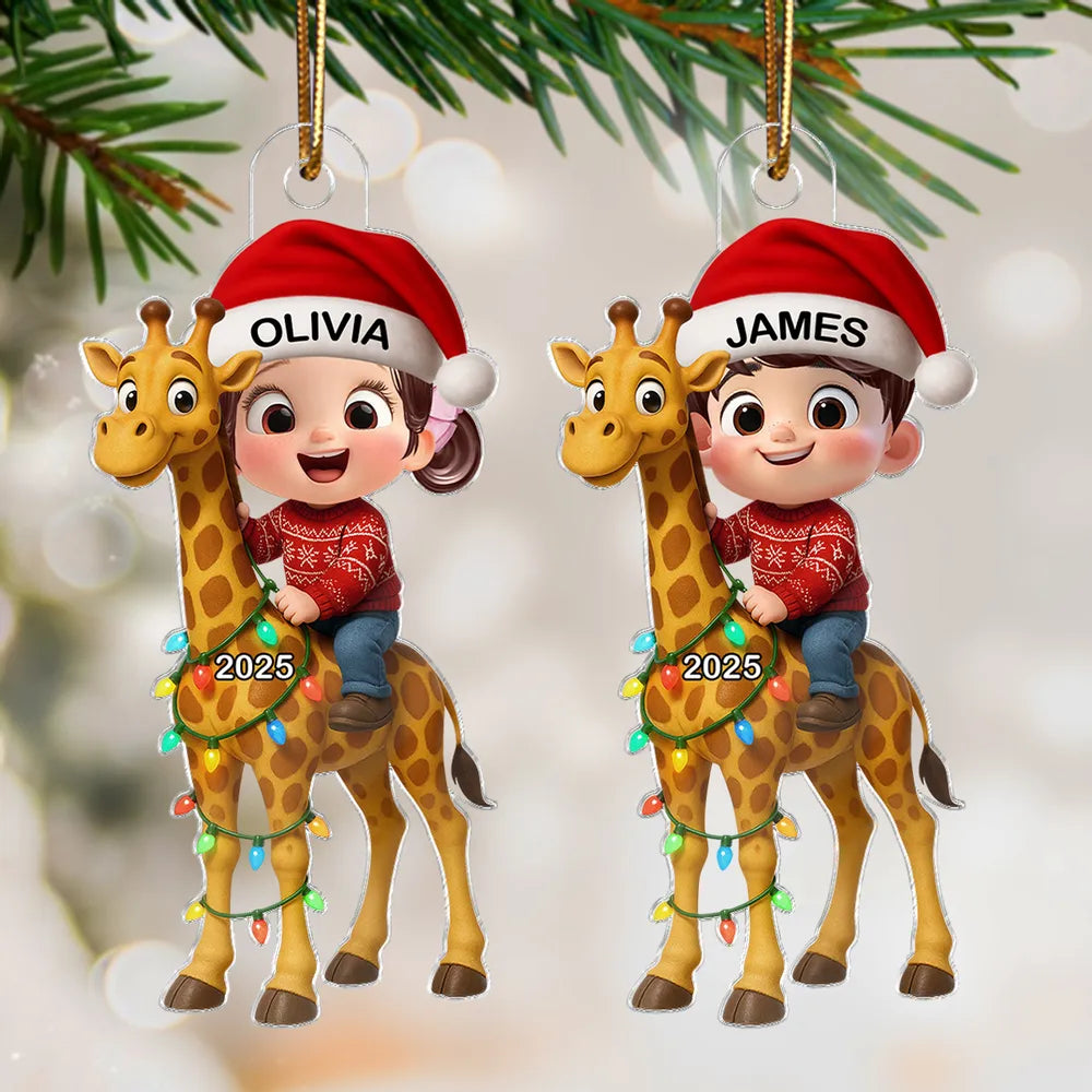 Cute Acrylic Ornament of Boy with Giraffe, Holiday Cheer, Gift-Ready Keepsake for Family and Friends