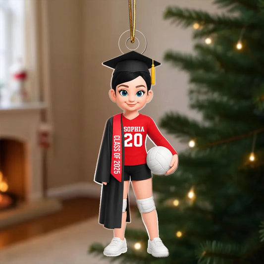 Graduation Volleyball Girl Acrylic Ornament with custom name & year, sporty keepsake gift for students and athletes